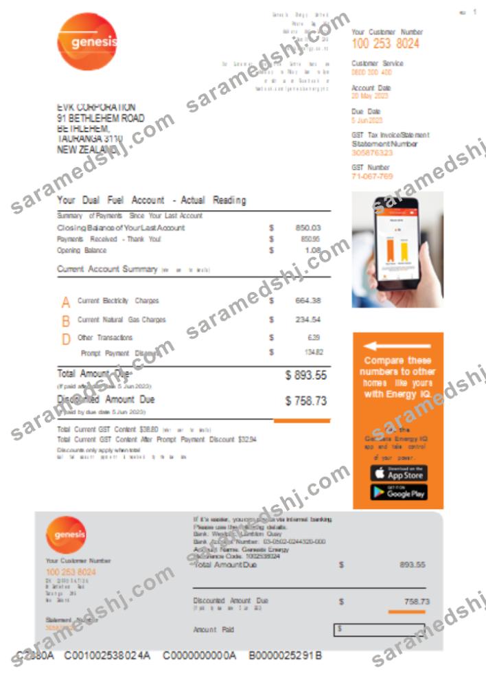 Genesis Gas utility business bill, Word and PDF template, page 1 SCR